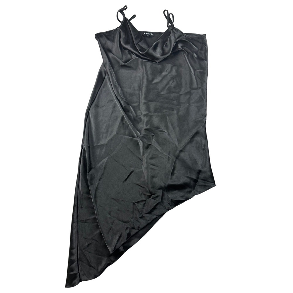 Y2K Bebe Dress Women XL Black Satin Cowlneck Midi Slim Asymmetrical USA Cocktail